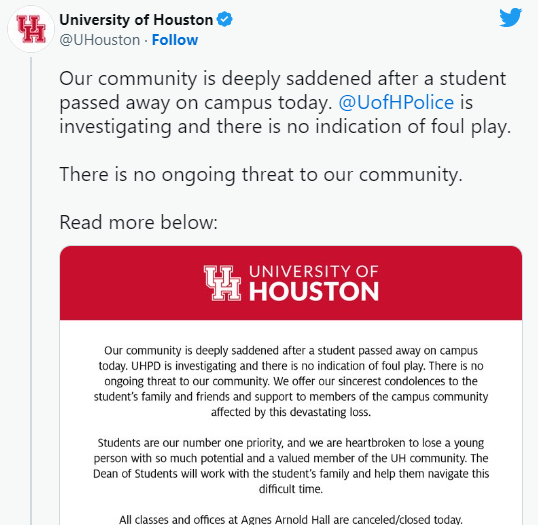 UH, student, death, Agnes Arnold Hall, UHPD, investigation, campus, news
